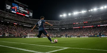 MLS stadium with player silhouette, symbolizing upcoming 2025 transfer excitement