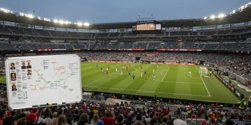 MLS stadium with digital player profiles overlay, symbolizing 2025 free agency planning