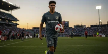 Dynamic shot of a promising young soccer player dominating the field, embodying the future of MLS.