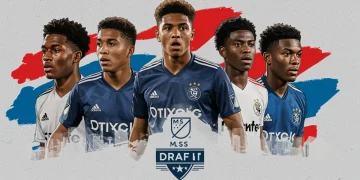 Dynamic image of young MLS SuperDraft prospects with abstract team logos