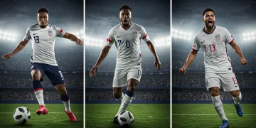 Dynamic image of three US-based forwards showcasing their skills on the field, representing modern striker benchmarks.