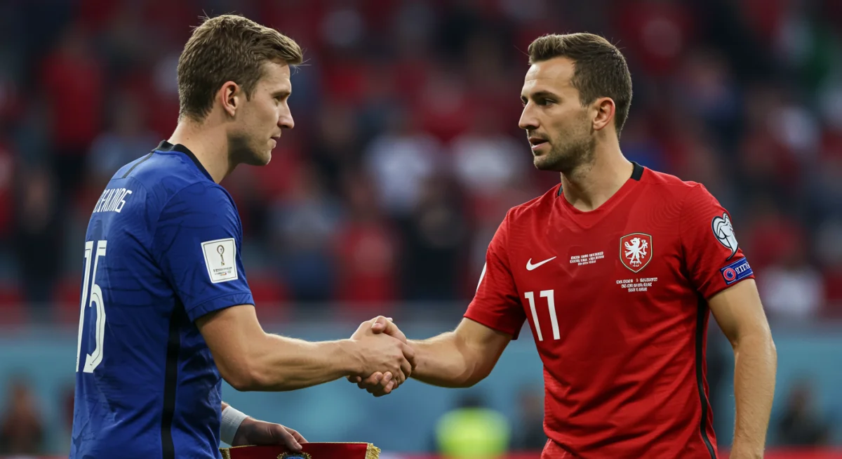 European national team captains shaking hands before a UEFA Nations League match.