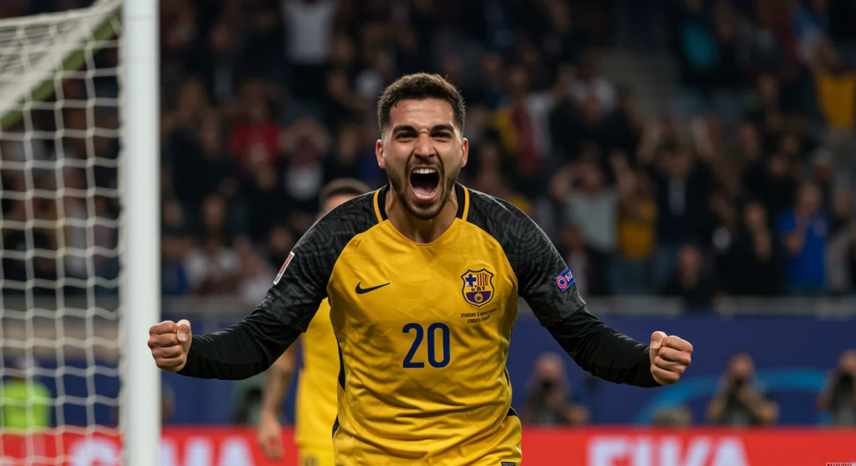 Player celebrating a crucial goal in Club World Cup, showing intense emotion