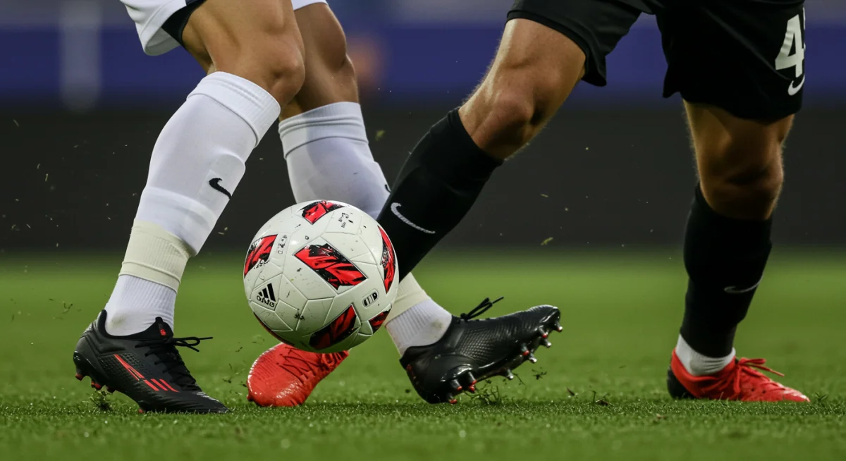 Intricate footwork of a football player executing a precise dribble, evading an opponent.