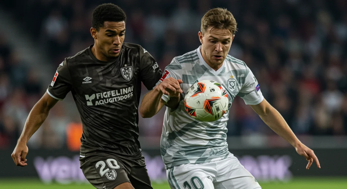 Two soccer players intensely competing for the ball on a green field