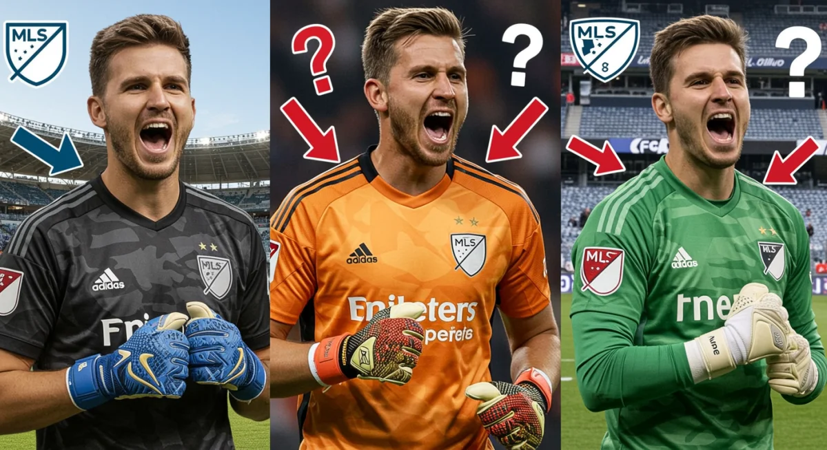 Graphic illustrating potential MLS goalkeeper transfers with player images and team crests
