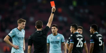 Referee displaying a red card during a crucial World Cup Qualifier match.