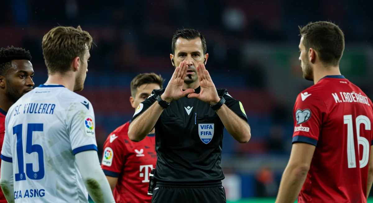 Referee signaling for a VAR check during a tense soccer match.