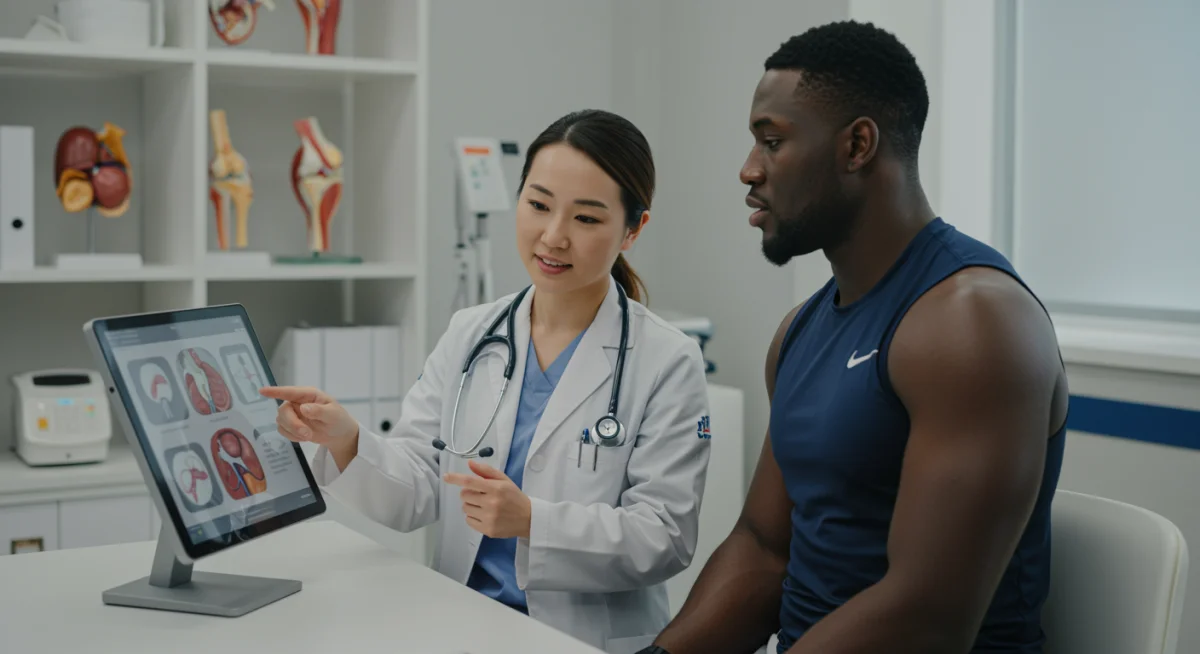 Medical professional explaining regenerative therapy to a football player in a clinic