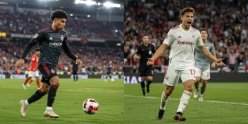 Two rising MLS stars, one dribbling, one celebrating, symbolizing European transfer interest.