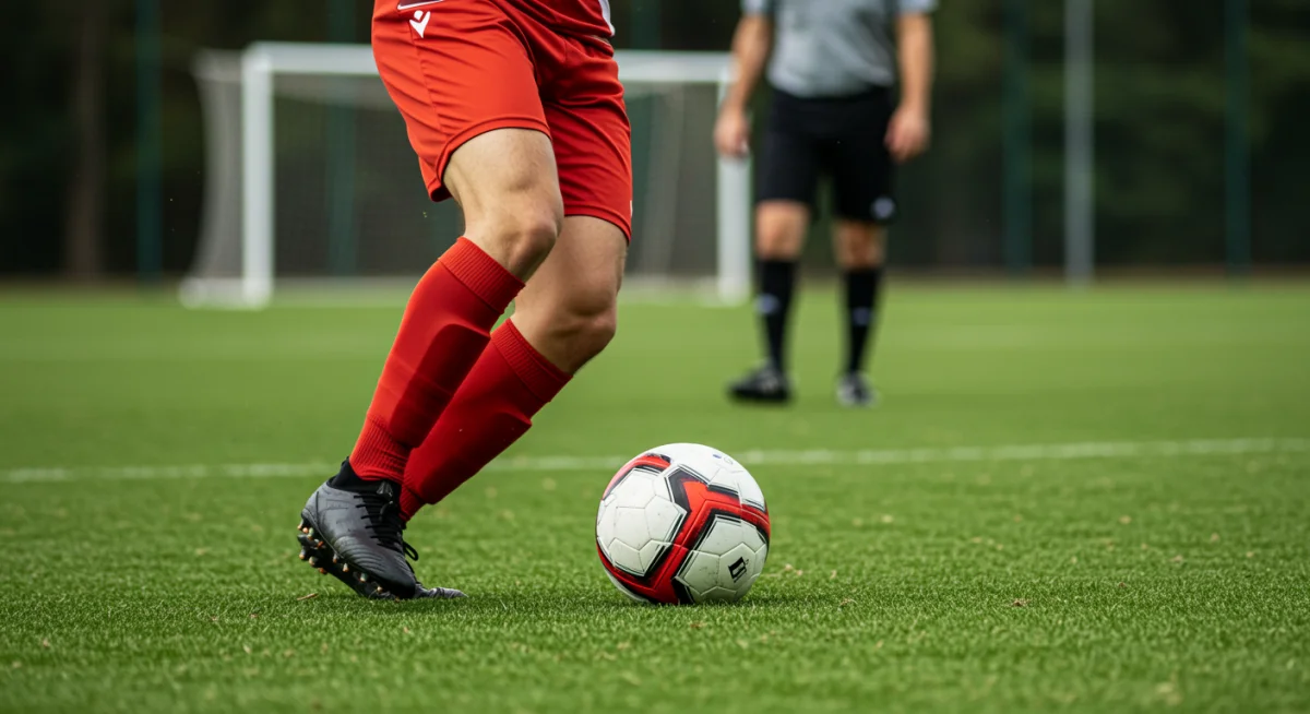 Close-up of a player's foot skillfully controlling a soccer ball on a green field.