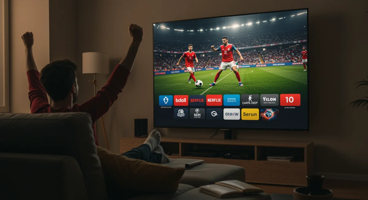 Fan watching soccer on TV with multiple streaming apps, symbolizing diverse viewing options.
