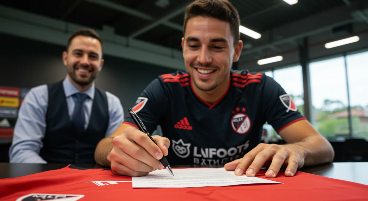 Soccer player signing a contract with club official, emphasizing transfer negotiations.