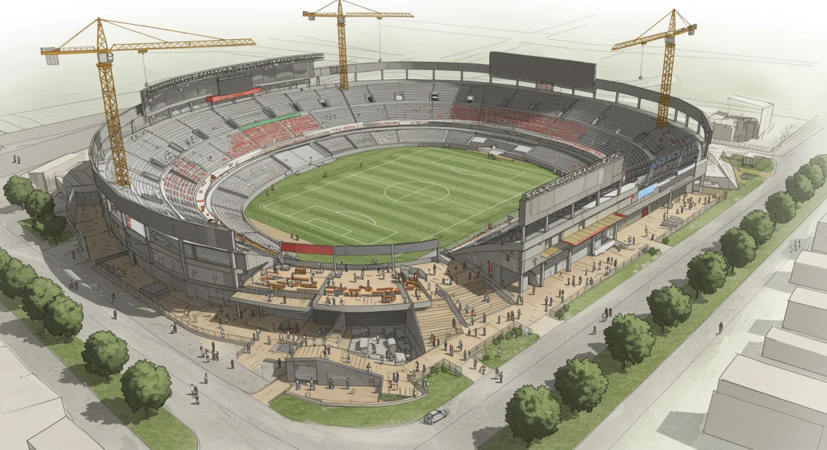 Architectural blueprint of a stadium renovation project with construction cranes
