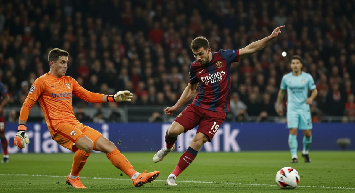 Unforeseen striker powerfully kicks a football towards the goal during a European league game, demonstrating goal-scoring prowess.