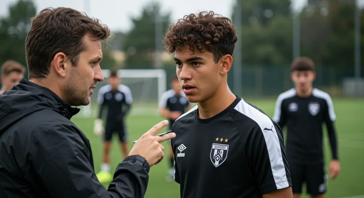 Coach providing personalized tactical guidance to a young player in a European soccer academy.