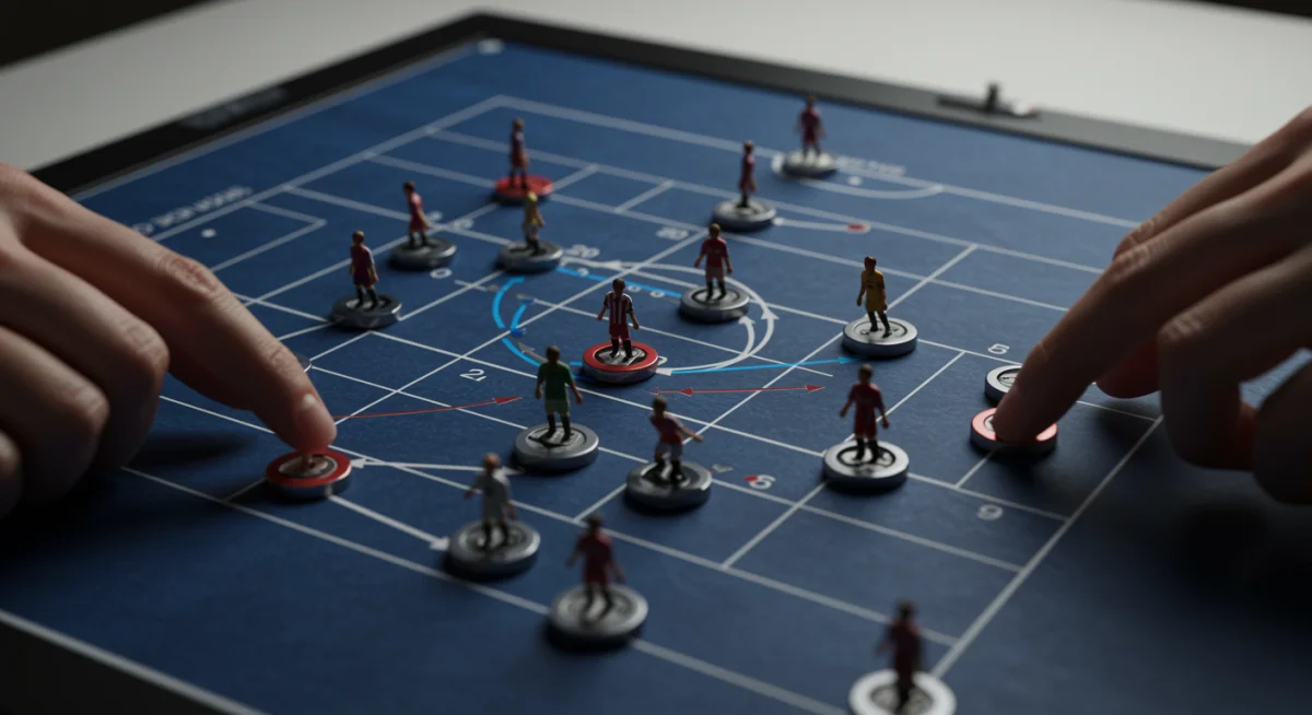 Tactical soccer board showing player movements and strategic transfer planning.