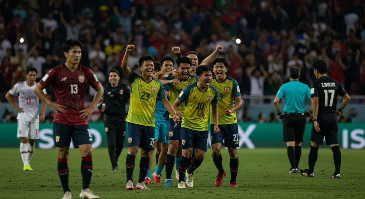 Football team celebrating victory after a penalty shootout.
