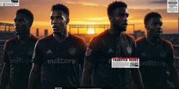 Four top soccer players silhouettes against an MLS stadium, representing designated player transfer rumors for 2025.