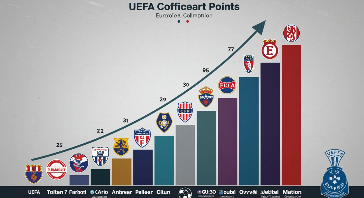 Rising bar chart illustrating UEFA coefficient points with club logos