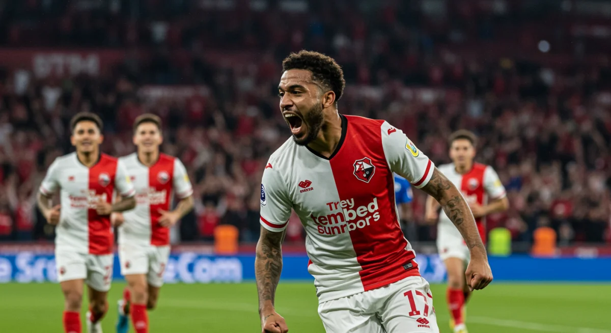 Football player celebrating an unexpected goal in a Champions League match, highlighting the emotional impact of an upset.
