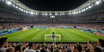 American soccer player celebrating a goal in a European league stadium