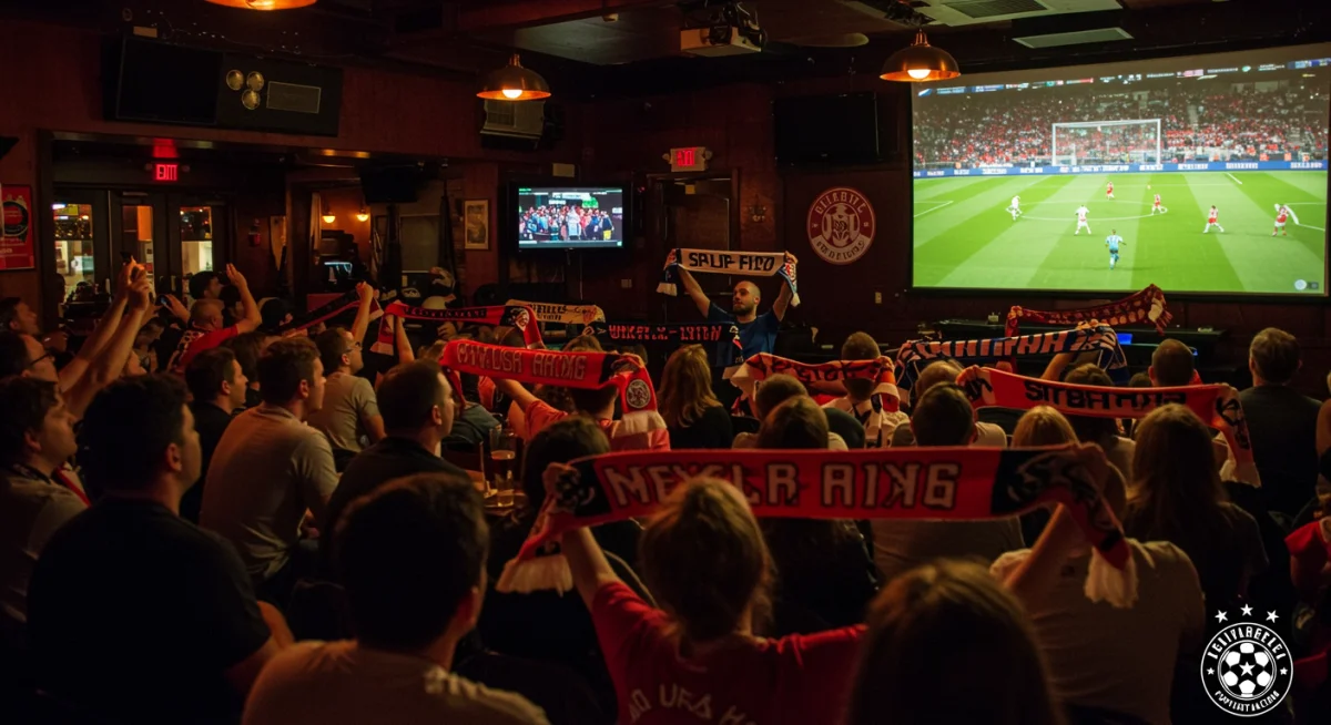 American soccer fans cheering passionately in a sports bar, watching a European football match, demonstrating growing US fan engagement.