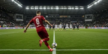 US soccer player preparing to take a free kick, focusing intensely on the ball.