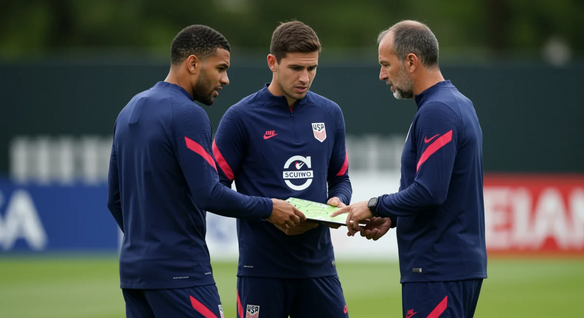 US soccer players and coach discussing set piece tactics on the training ground.
