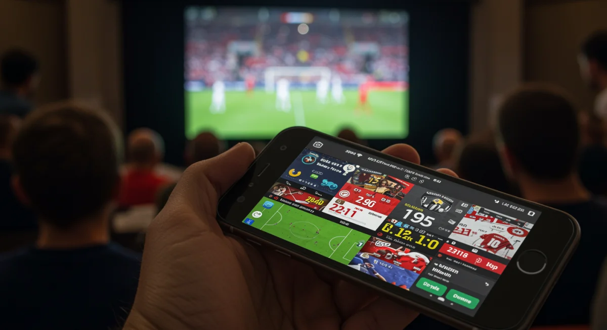 Sports betting app on smartphone showing European football odds with match viewing in background.