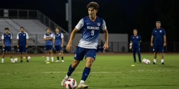 Dynamic young male soccer player in US academy uniform dribbling on field