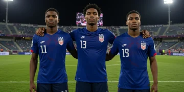 Three emerging USMNT leaders on a soccer field, ready for the 2026 World Cup