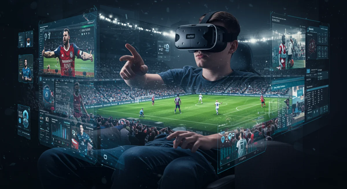 Fan experiencing virtual reality football match with interactive digital data
