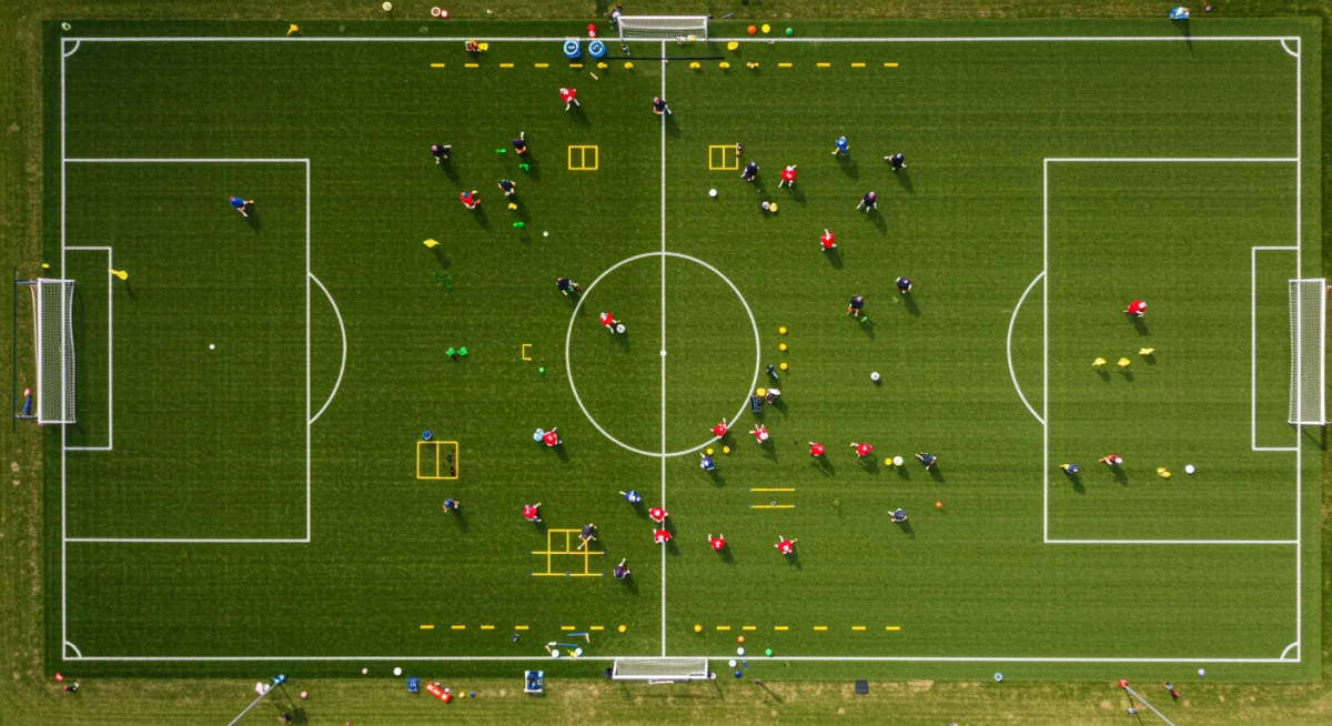 Women's soccer team conducting a strategic training session on a pristine pitch.