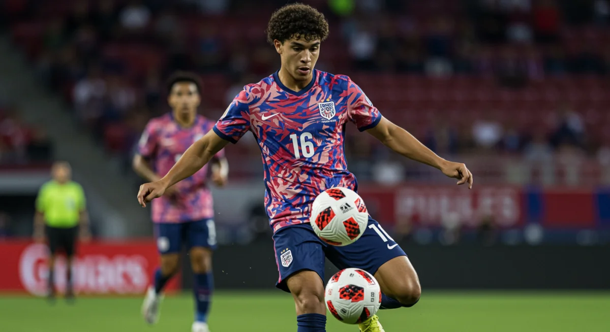 Dynamic shot of young midfielder controlling soccer ball