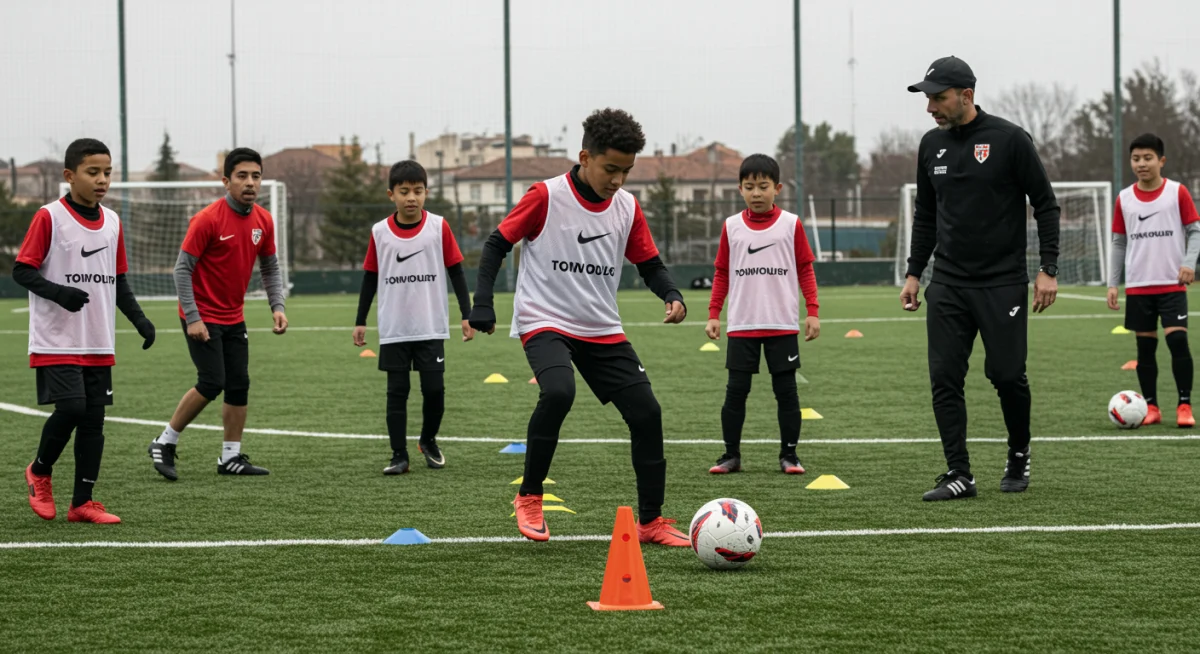 Youth soccer players engaged in a training drill