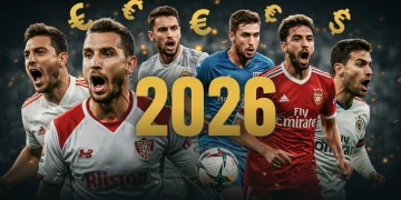 Dynamic graphic of soccer midfielders amidst transfer speculation for the 2026 window, with financial indicators.