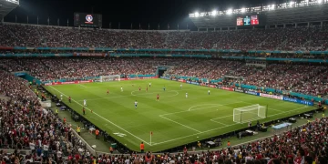 Dynamic stadium view of Concacaf Champions Cup goal celebration