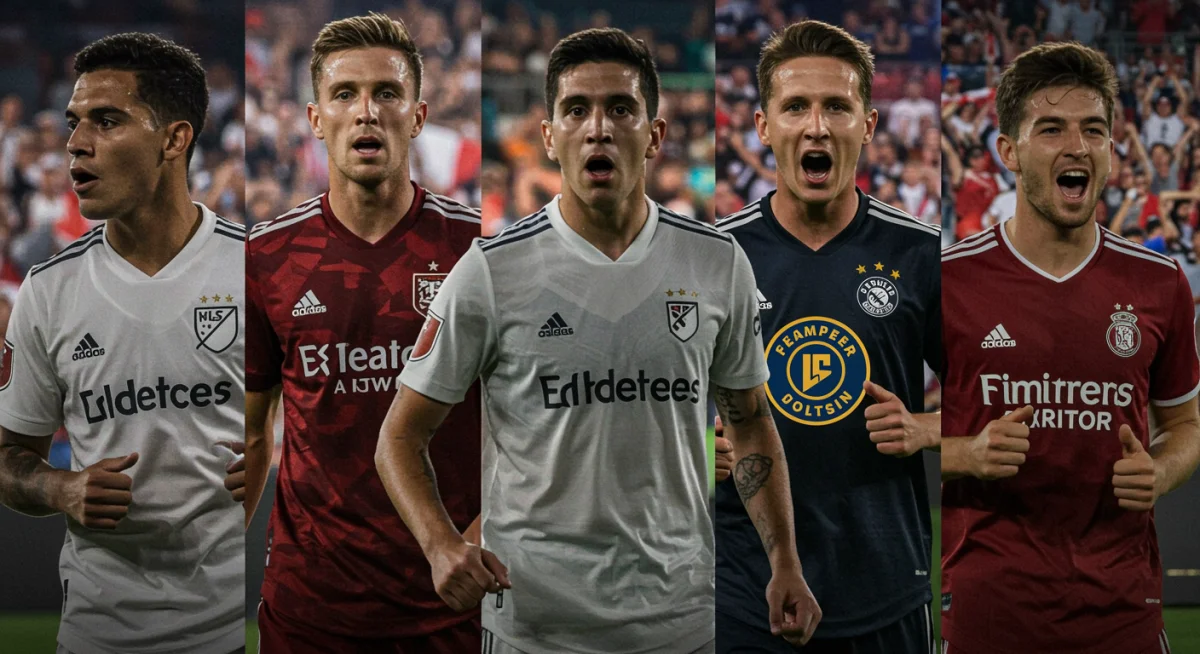 Five European players' silhouettes against MLS stadium backdrop