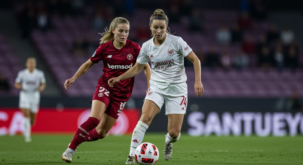 Dynamic female soccer player showcasing dribbling skills in a match.