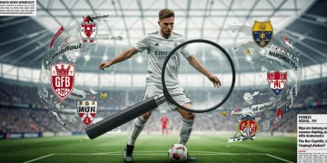 Magnifying glass over a football player silhouette, surrounded by transfer news and club logos, illustrating rumor analysis.