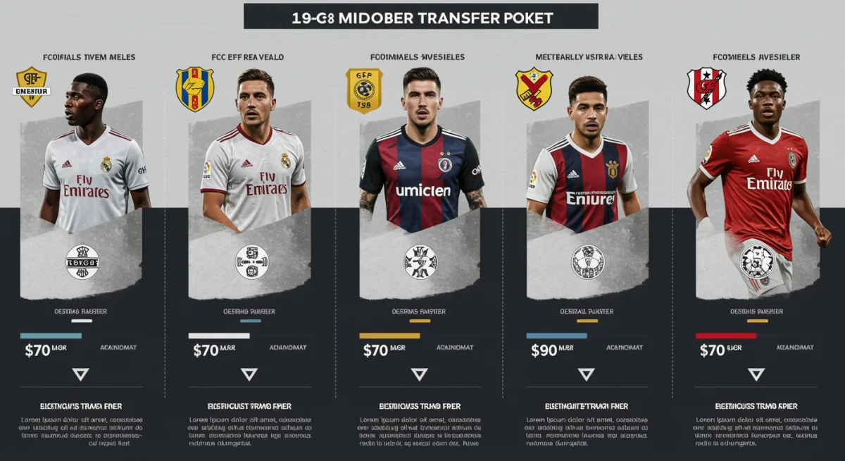 Infographic detailing hypothetical player profiles and estimated transfer values for 2026 midfielder market.