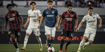 Five young, dynamic soccer players in action, representing emerging MLS talent for the 2026 season.