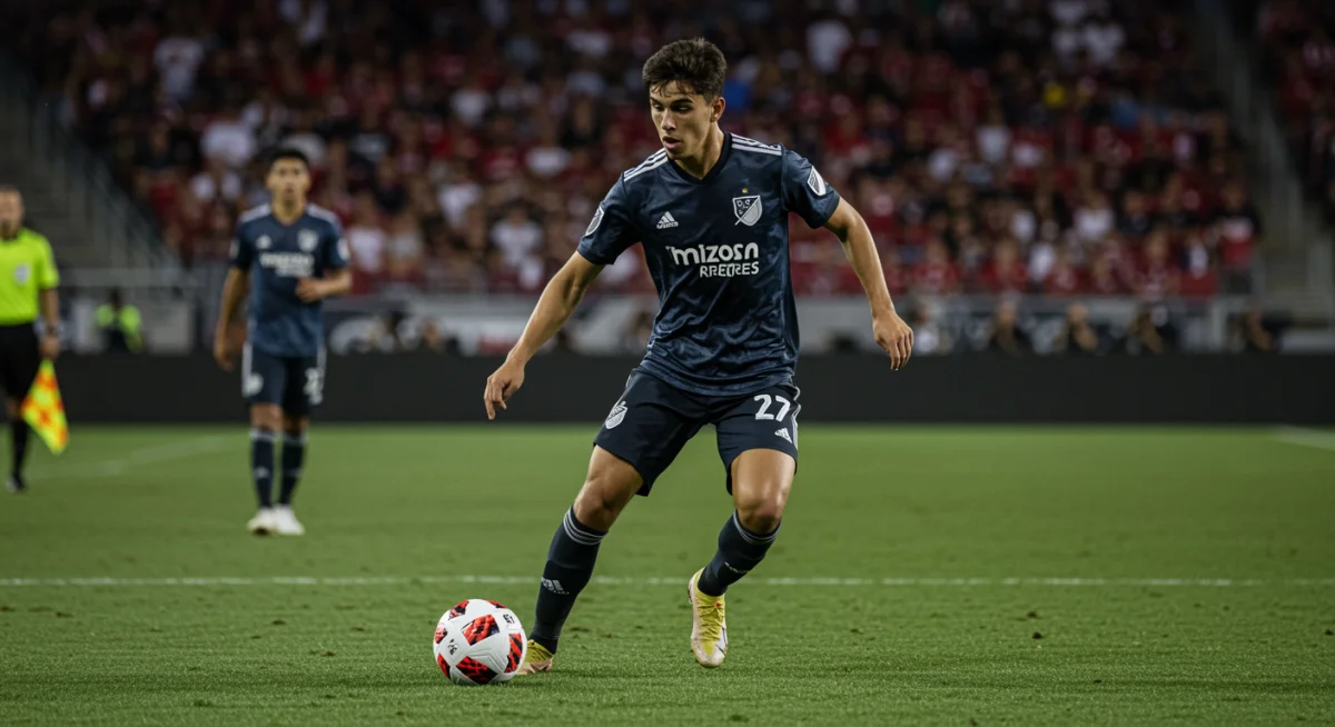 MLS young player dribbling past opponent with intense focus