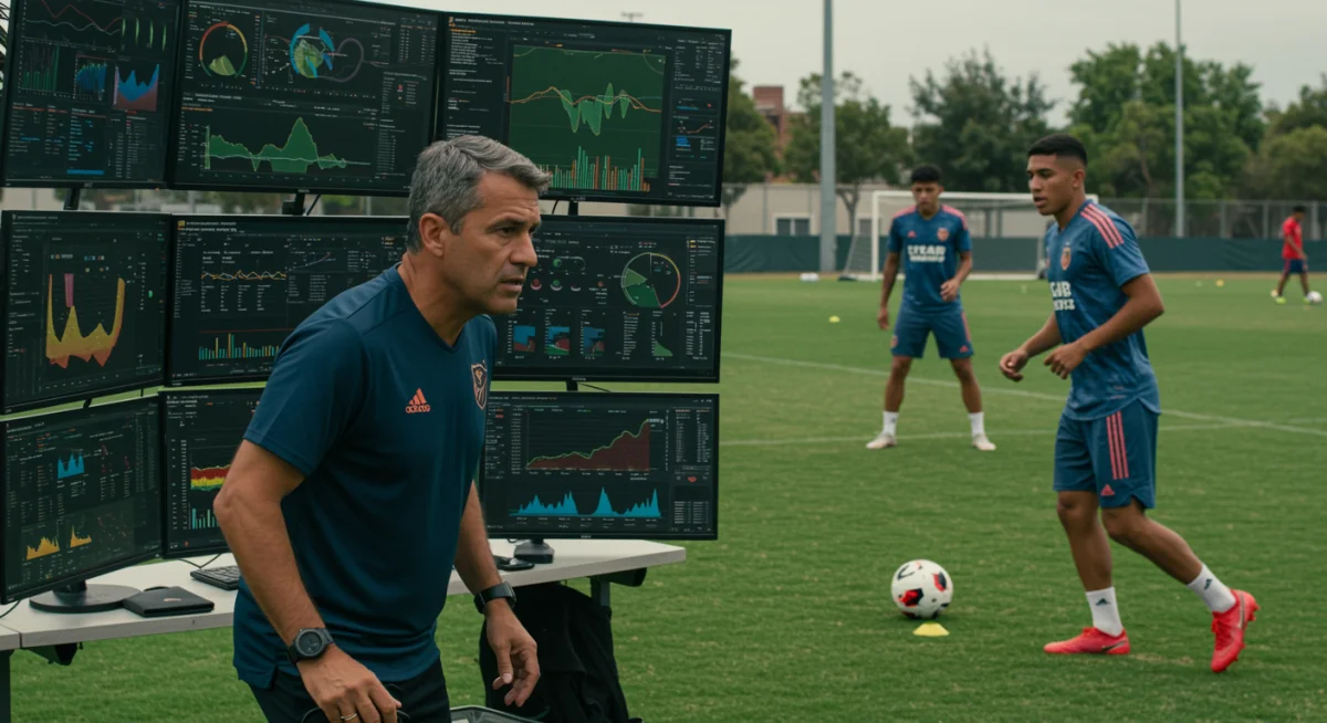 MLS scouting director evaluating potential transfer target on screen.