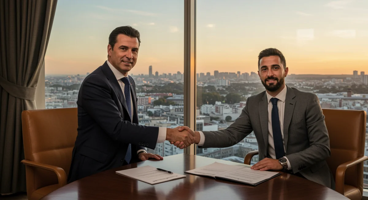 MLS executive and agent finalizing player transfer deal.