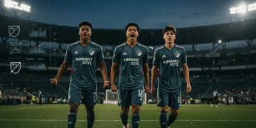 Dynamic MLS young stars celebrating on field with overlaid performance metrics