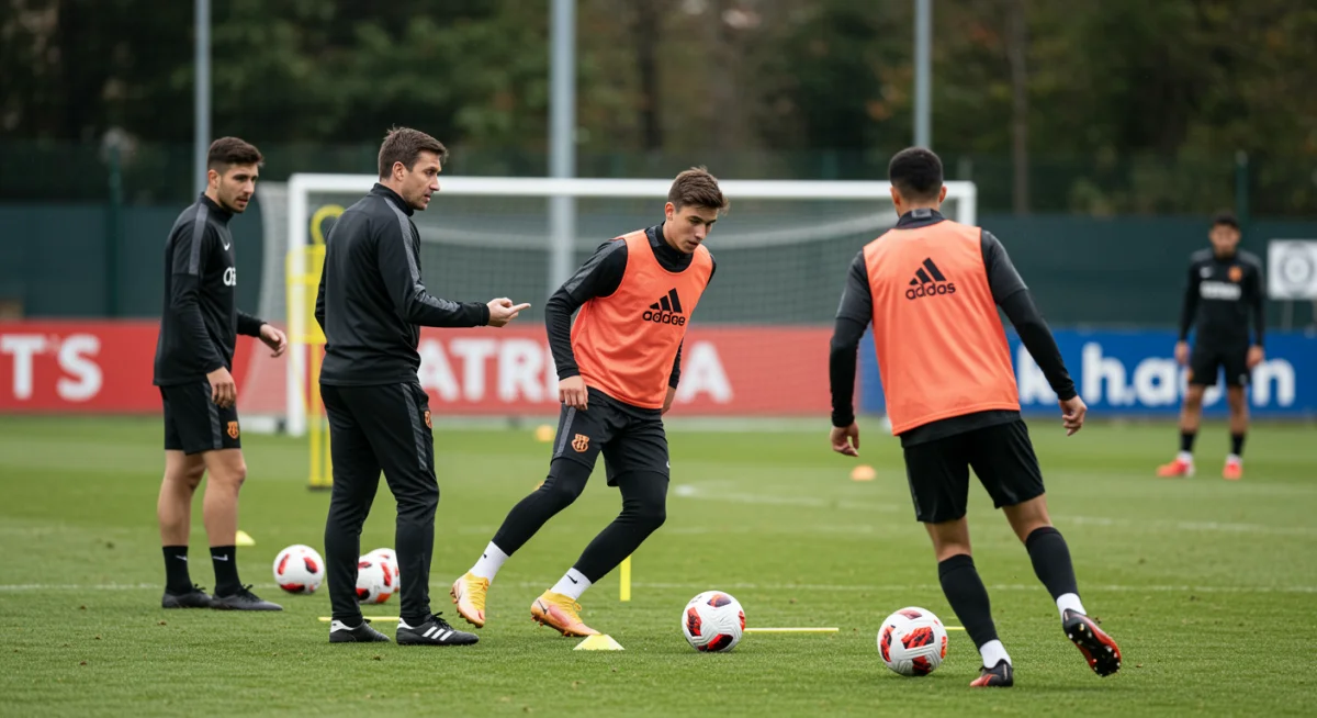 Coaches instructing young players during a tactical training session at a European youth academy.