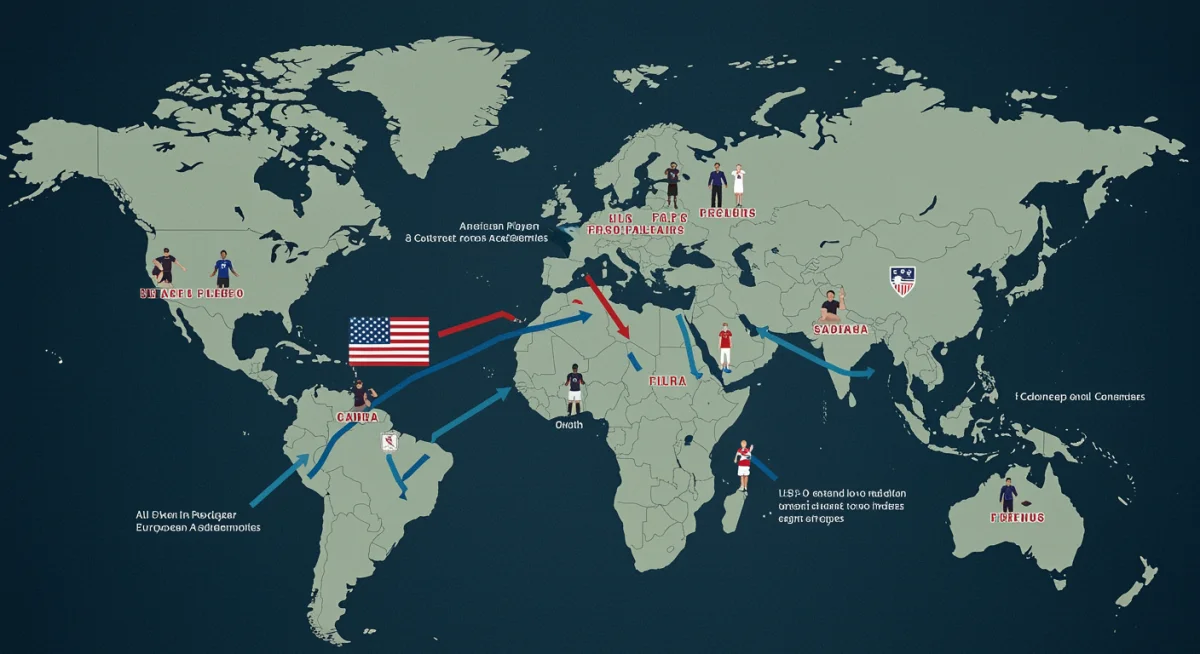 Infographic showing pathways and success rates of US youth players transitioning to top European soccer academies.