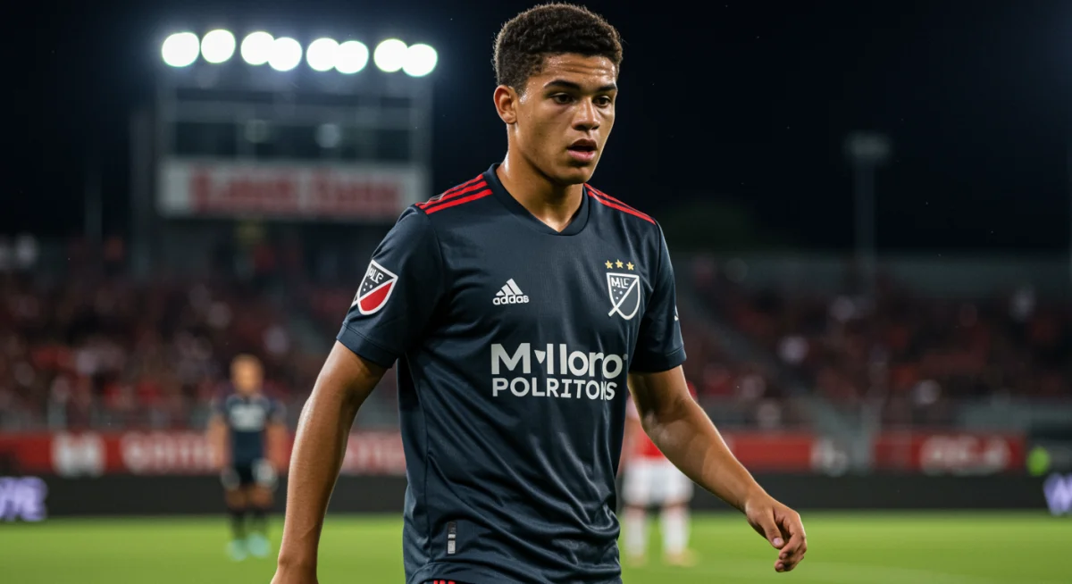 Young MLS player demonstrating intense focus and determination during a match.